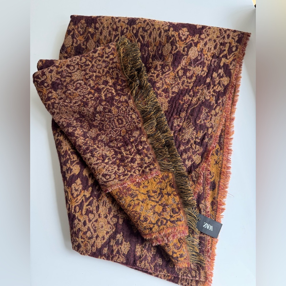 ZARA Burgundy & Mustard Floral Jacquard Fringe Scarf